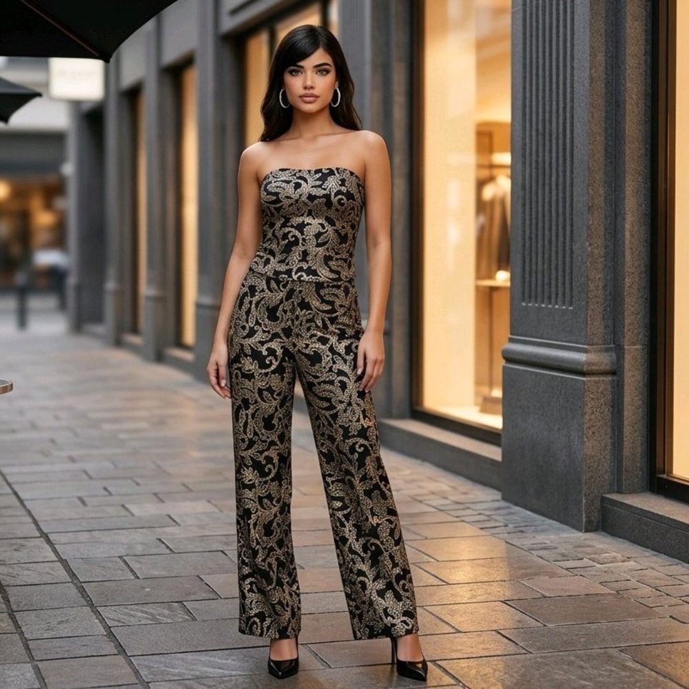 See You Monday Paisley Floral Tube Top Wide Leg Pants Set Black Gold L Run Small